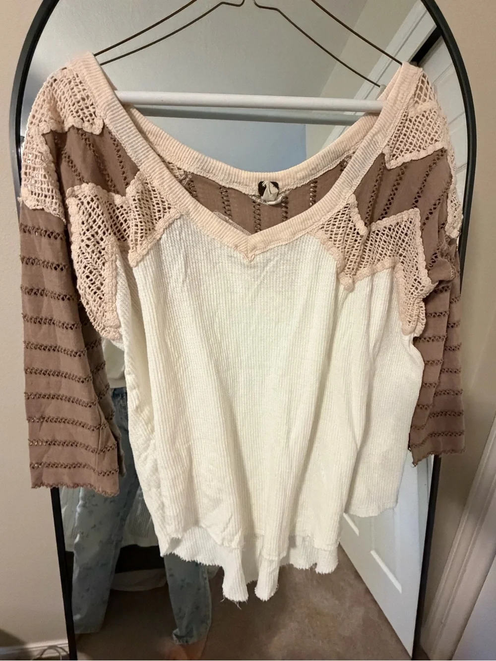 Free People Cream Ribbed 3/4 Sleeve Tee with Taupe Crochet Yoke
